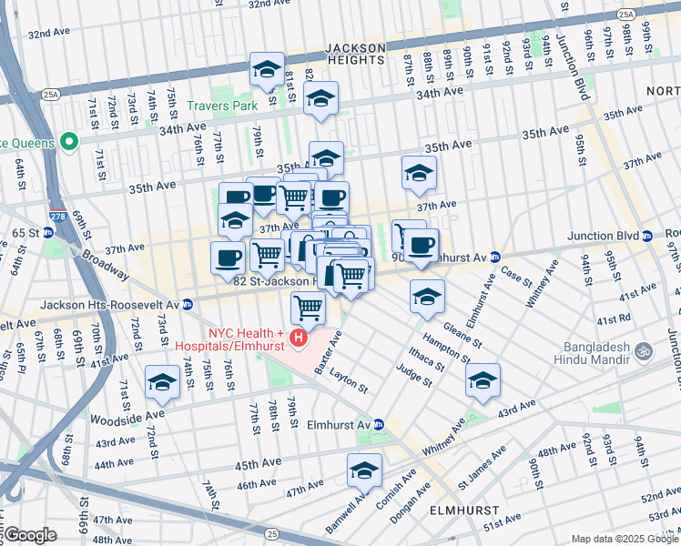 map of restaurants, bars, coffee shops, grocery stores, and more near 40-10 82nd Street in Queens