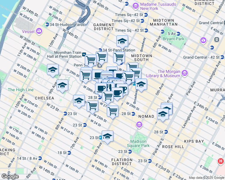 map of restaurants, bars, coffee shops, grocery stores, and more near 145 West 28th Street in New York