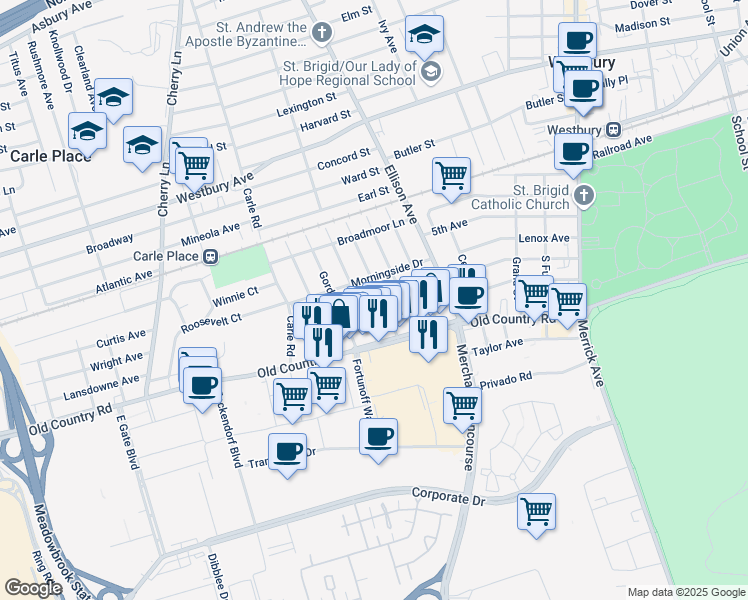 map of restaurants, bars, coffee shops, grocery stores, and more near 20 Evelyn Avenue in Westbury