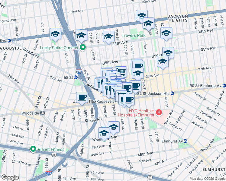 map of restaurants, bars, coffee shops, grocery stores, and more near 7232 Broadway in Queens