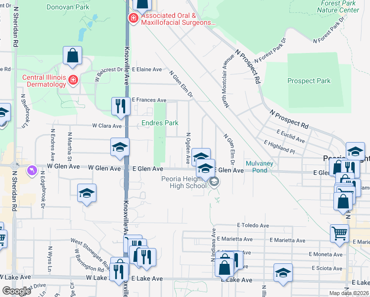 map of restaurants, bars, coffee shops, grocery stores, and more near 4922 North Ogden Avenue in Peoria Heights