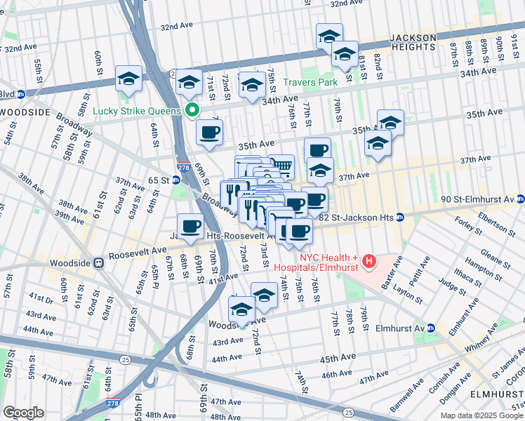 map of restaurants, bars, coffee shops, grocery stores, and more near 37-31 73rd Street in Queens