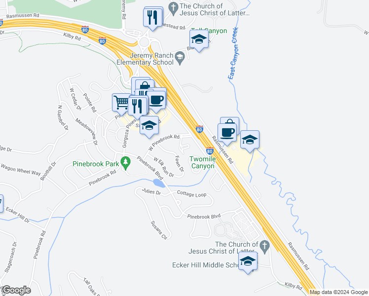 map of restaurants, bars, coffee shops, grocery stores, and more near 7983 Mustang Loop Road in Park City