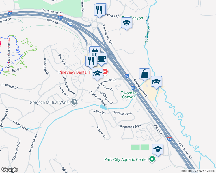 map of restaurants, bars, coffee shops, grocery stores, and more near 3083 Fawn Drive in Park City