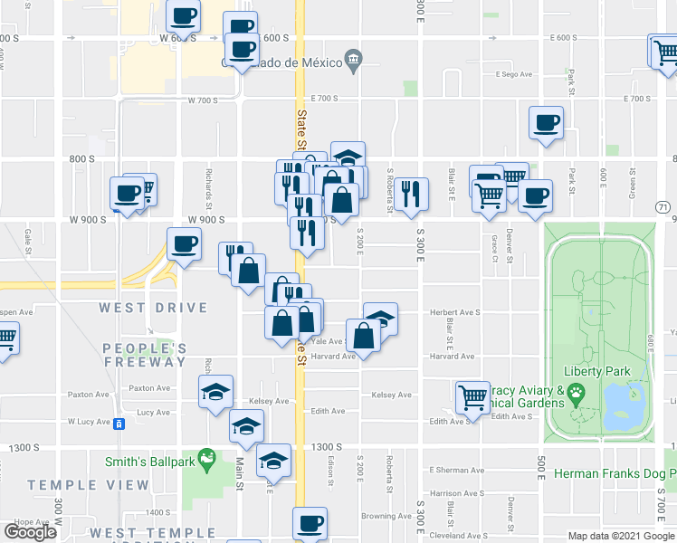 map of restaurants, bars, coffee shops, grocery stores, and more near 976 South 200 West in Salt Lake City