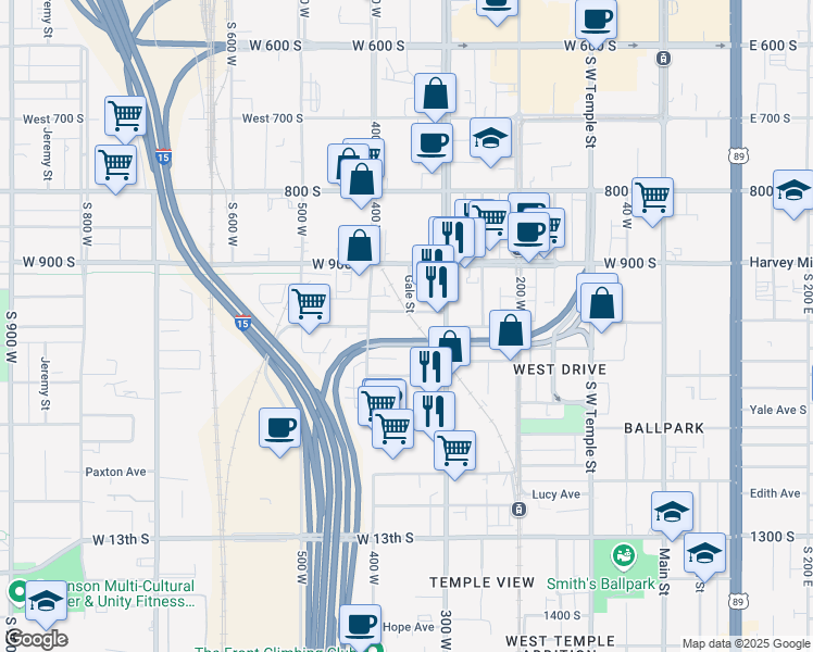 map of restaurants, bars, coffee shops, grocery stores, and more near 337 American Avenue South in Salt Lake City
