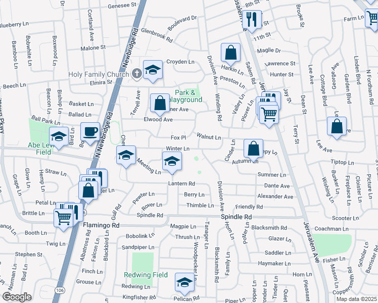 map of restaurants, bars, coffee shops, grocery stores, and more near 80 Winter Lane in Hicksville