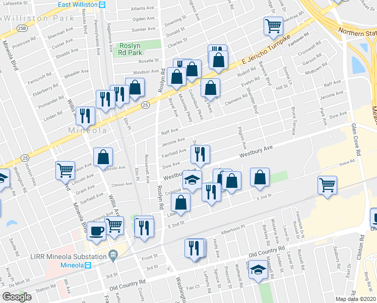 map of restaurants, bars, coffee shops, grocery stores, and more near 62 Dow Avenue in Mineola