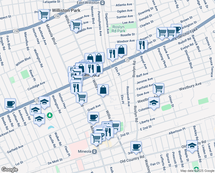 map of restaurants, bars, coffee shops, grocery stores, and more near 101 Jackson Avenue in Mineola