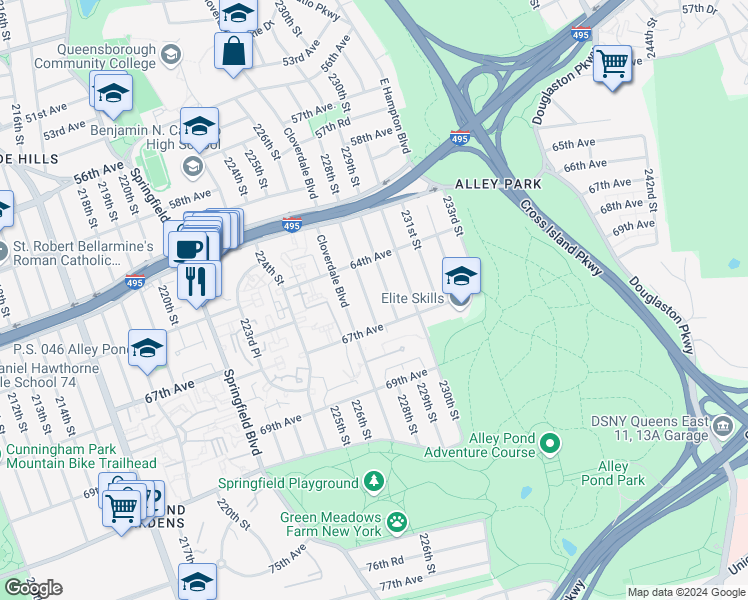 map of restaurants, bars, coffee shops, grocery stores, and more near 64-56 228th Street in Queens