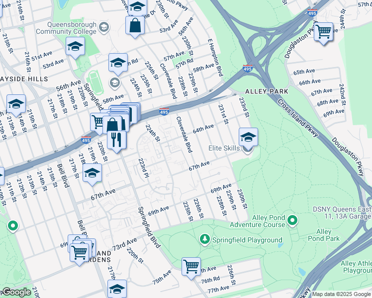map of restaurants, bars, coffee shops, grocery stores, and more near 64-38 Cloverdale Boulevard in Queens