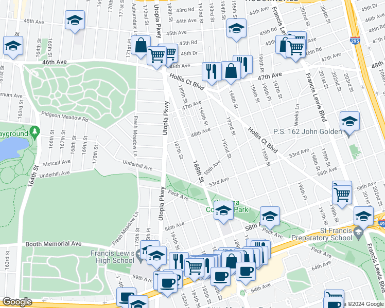 map of restaurants, bars, coffee shops, grocery stores, and more near 48-57 188th Street in Queens