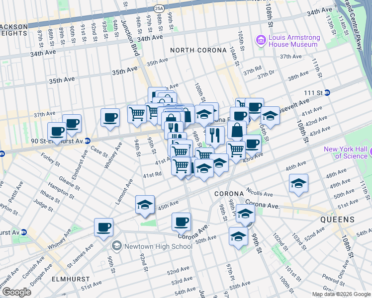 map of restaurants, bars, coffee shops, grocery stores, and more near 40-6 97th Street in Queens