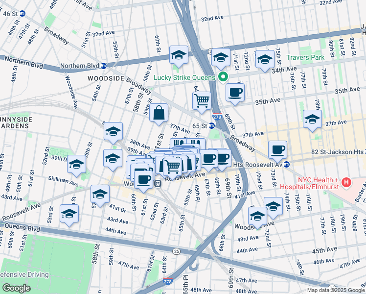 map of restaurants, bars, coffee shops, grocery stores, and more near 37-56 63rd Street in Queens