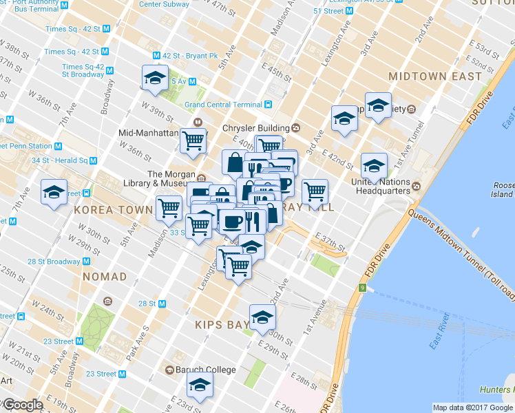 map of restaurants, bars, coffee shops, grocery stores, and more near in New York