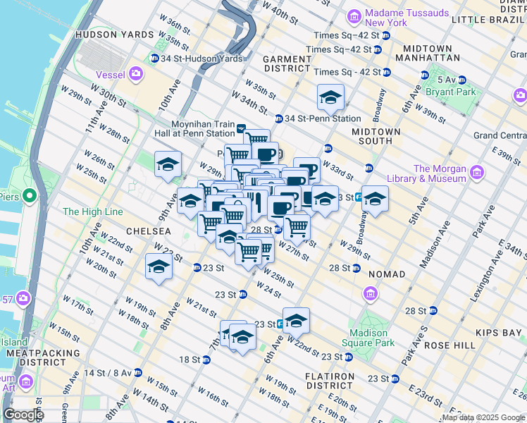 map of restaurants, bars, coffee shops, grocery stores, and more near 235 West 28th Street in New York