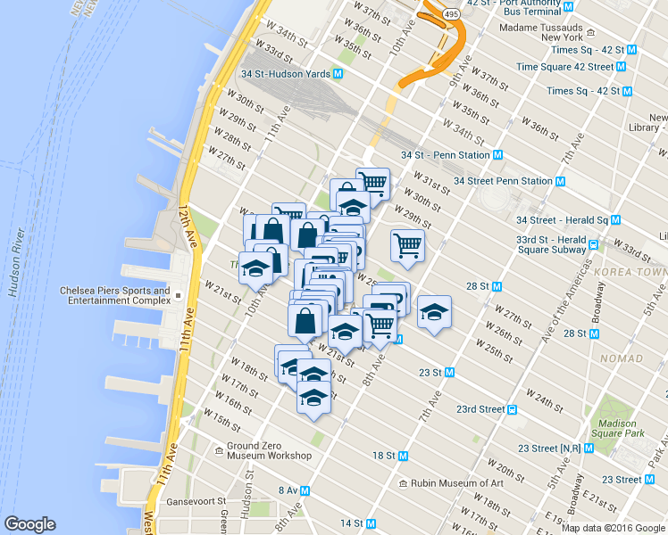 map of restaurants, bars, coffee shops, grocery stores, and more near 233 9th Avenue in New York
