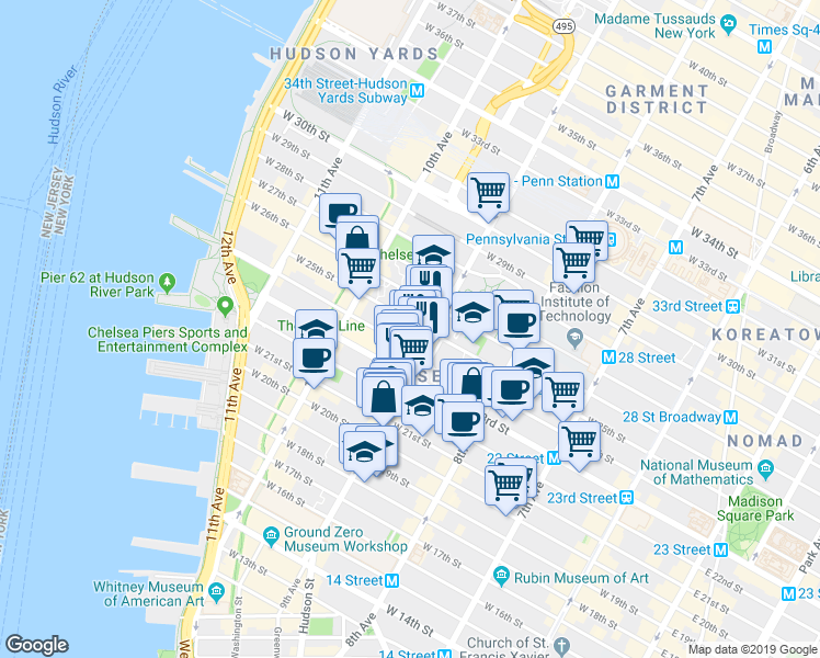 map of restaurants, bars, coffee shops, grocery stores, and more near 233 9th Avenue in New York