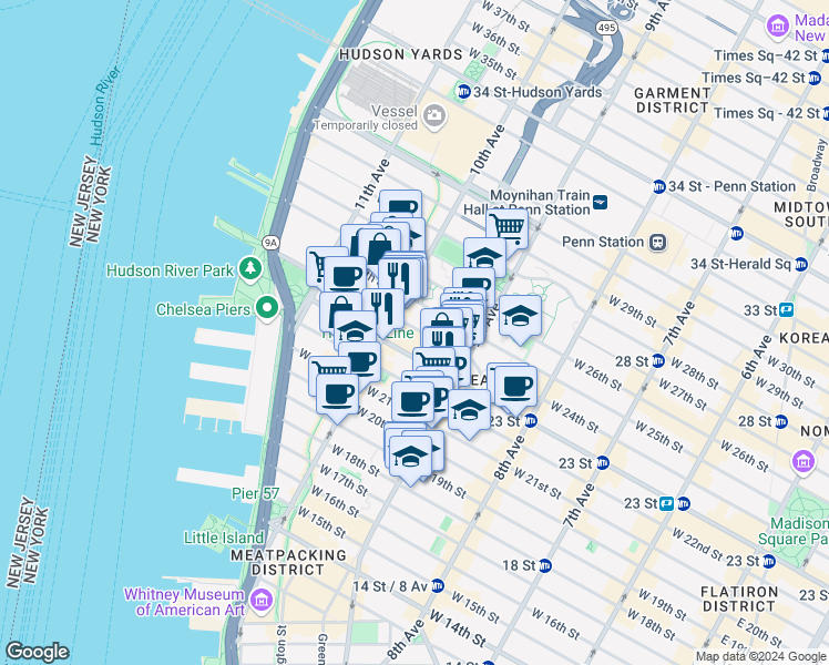 map of restaurants, bars, coffee shops, grocery stores, and more near in New York
