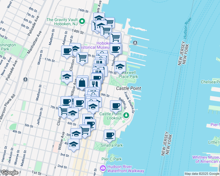 map of restaurants, bars, coffee shops, grocery stores, and more near 913 Hudson Street in Hoboken