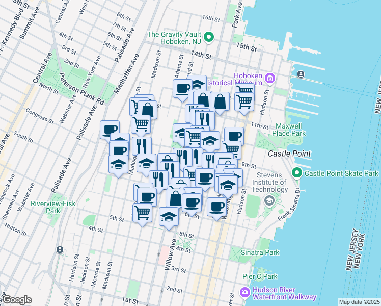 map of restaurants, bars, coffee shops, grocery stores, and more near in Hoboken