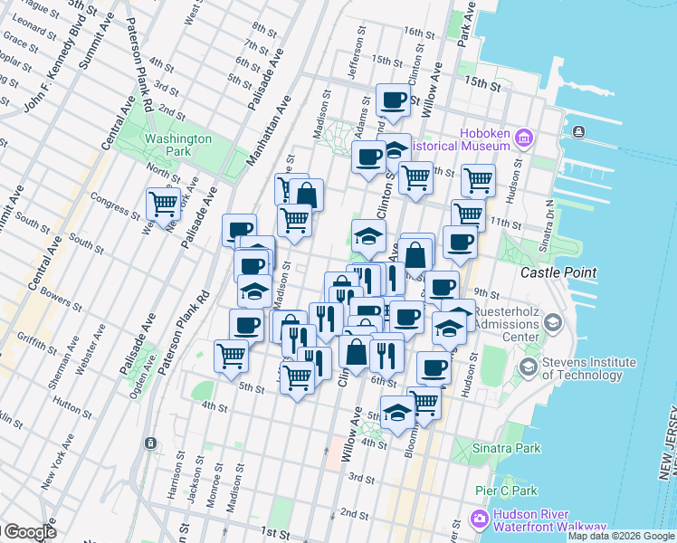 map of restaurants, bars, coffee shops, grocery stores, and more near 812 Grand Street in Hoboken