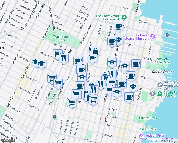 map of restaurants, bars, coffee shops, grocery stores, and more near 716-32 Madison Street in Hoboken