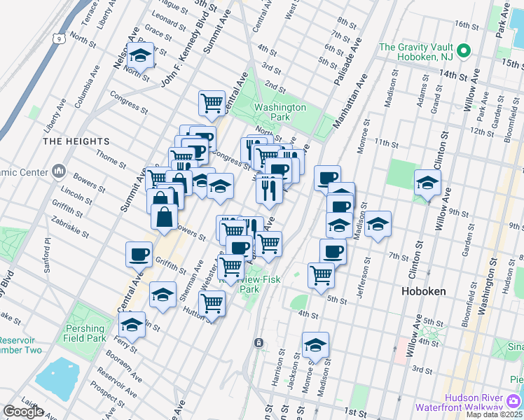 map of restaurants, bars, coffee shops, grocery stores, and more near 338 New York Avenue in Jersey City
