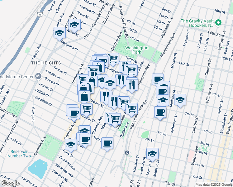 map of restaurants, bars, coffee shops, grocery stores, and more near 263 Webster Avenue in Jersey City
