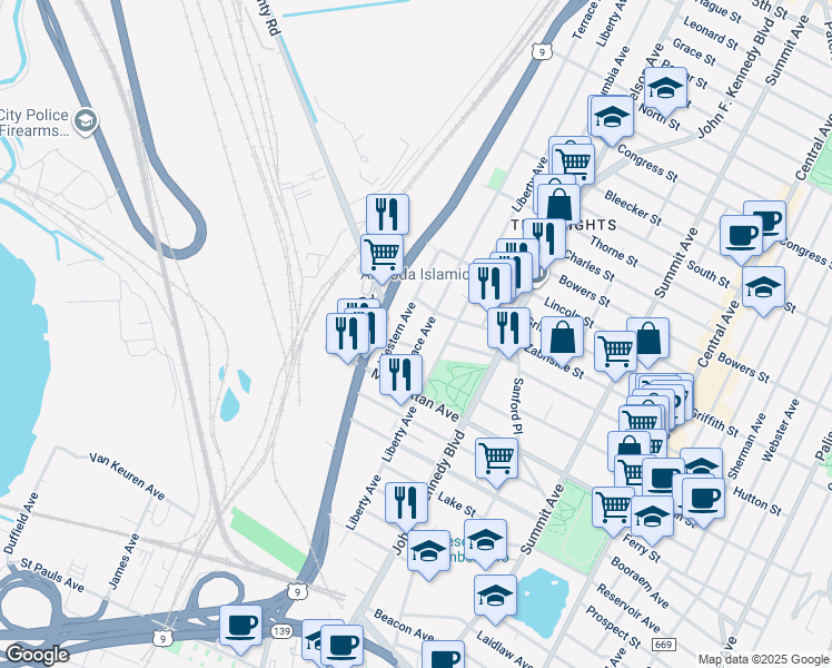 map of restaurants, bars, coffee shops, grocery stores, and more near 40 County Road 649 in Jersey City