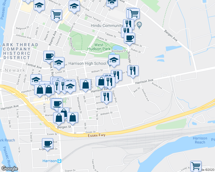map of restaurants, bars, coffee shops, grocery stores, and more near 751 Harrison Avenue in Harrison