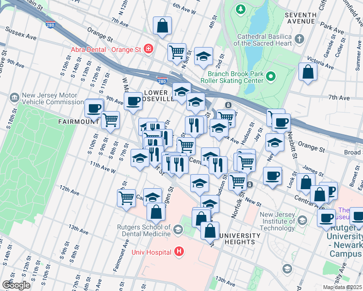 map of restaurants, bars, coffee shops, grocery stores, and more near 393 Central Avenue in Newark