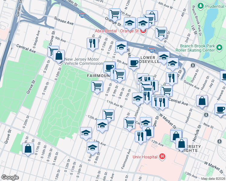 map of restaurants, bars, coffee shops, grocery stores, and more near 113 South 9th Street in Newark