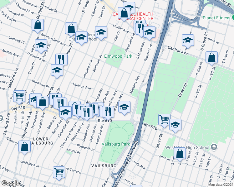 map of restaurants, bars, coffee shops, grocery stores, and more near 71 North Munn Avenue in Newark