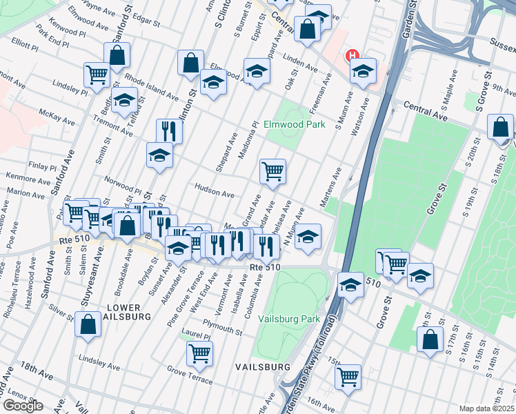map of restaurants, bars, coffee shops, grocery stores, and more near 78 Cedar Avenue in Newark