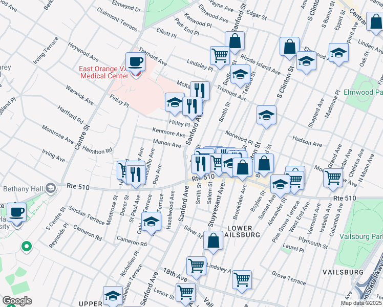 map of restaurants, bars, coffee shops, grocery stores, and more near 27 Palm Street in Newark