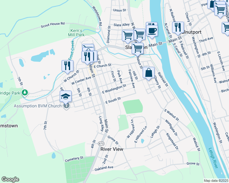 map of restaurants, bars, coffee shops, grocery stores, and more near 112 East South Street in Slatington
