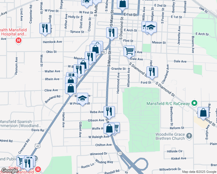 map of restaurants, bars, coffee shops, grocery stores, and more near 2 Chestnut Court in Mansfield