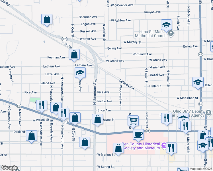 map of restaurants, bars, coffee shops, grocery stores, and more near 701 North Charles Street in Lima