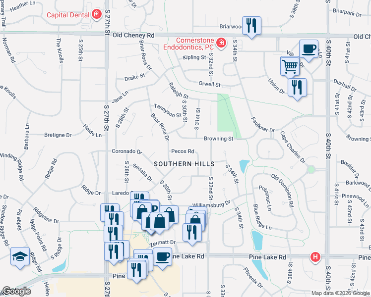 map of restaurants, bars, coffee shops, grocery stores, and more near 3051 Pecos Road in Lincoln