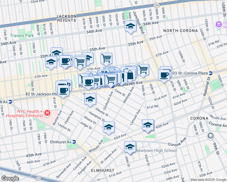 map of restaurants, bars, coffee shops, grocery stores, and more near 40-51 Denman Street in Queens