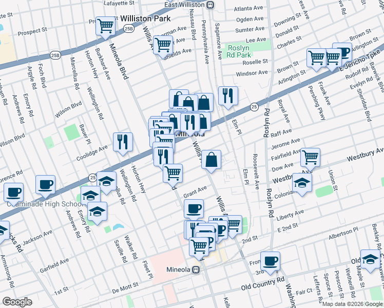 map of restaurants, bars, coffee shops, grocery stores, and more near 157 Jefferson Avenue in Mineola