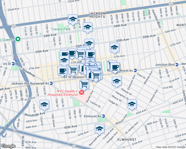 map of restaurants, bars, coffee shops, grocery stores, and more near 40-10 82nd Street in Queens