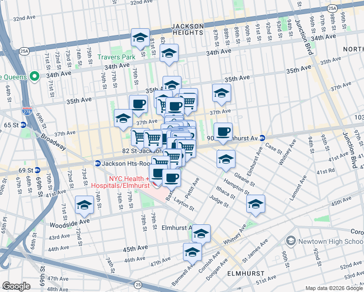 map of restaurants, bars, coffee shops, grocery stores, and more near in Queens