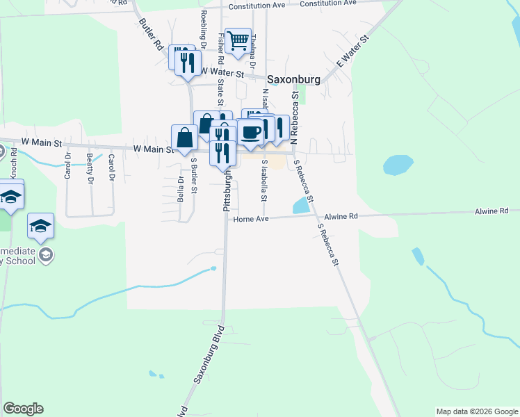map of restaurants, bars, coffee shops, grocery stores, and more near 204 Horne Avenue in Saxonburg