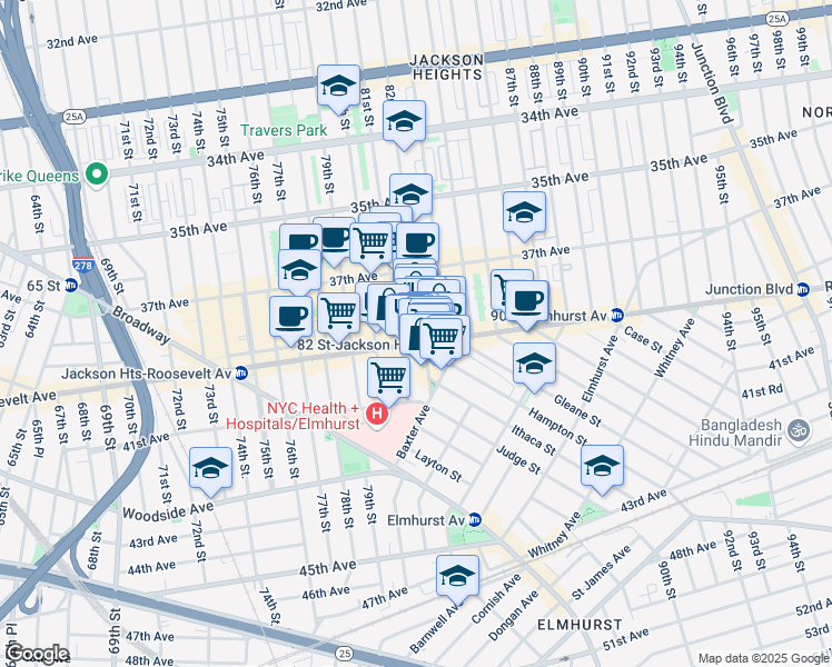 map of restaurants, bars, coffee shops, grocery stores, and more near 40-10 82nd Street in Queens