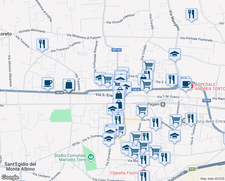map of restaurants, bars, coffee shops, grocery stores, and more near 21 Via San Erasmo in Pagani