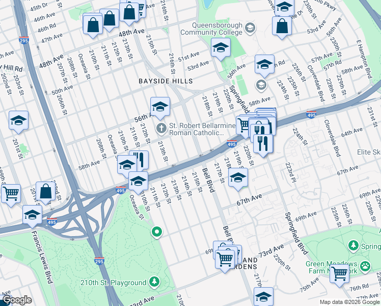 map of restaurants, bars, coffee shops, grocery stores, and more near 215 Horace Harding Expressway in Queens