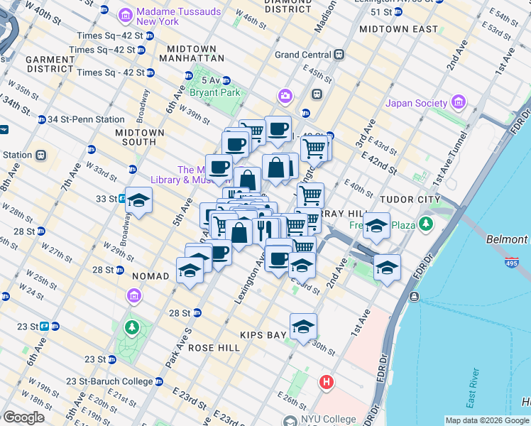 map of restaurants, bars, coffee shops, grocery stores, and more near in New York