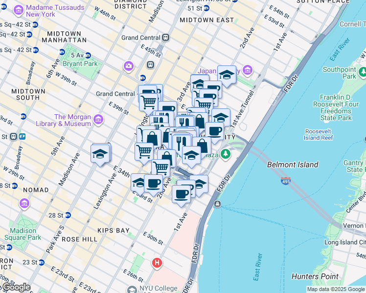 map of restaurants, bars, coffee shops, grocery stores, and more near 250 East 39th Street in New York